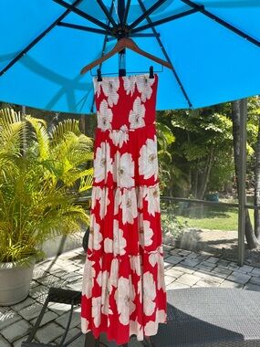 T.J.Maxx Red Strapless Maxi Dress with White Floral Print